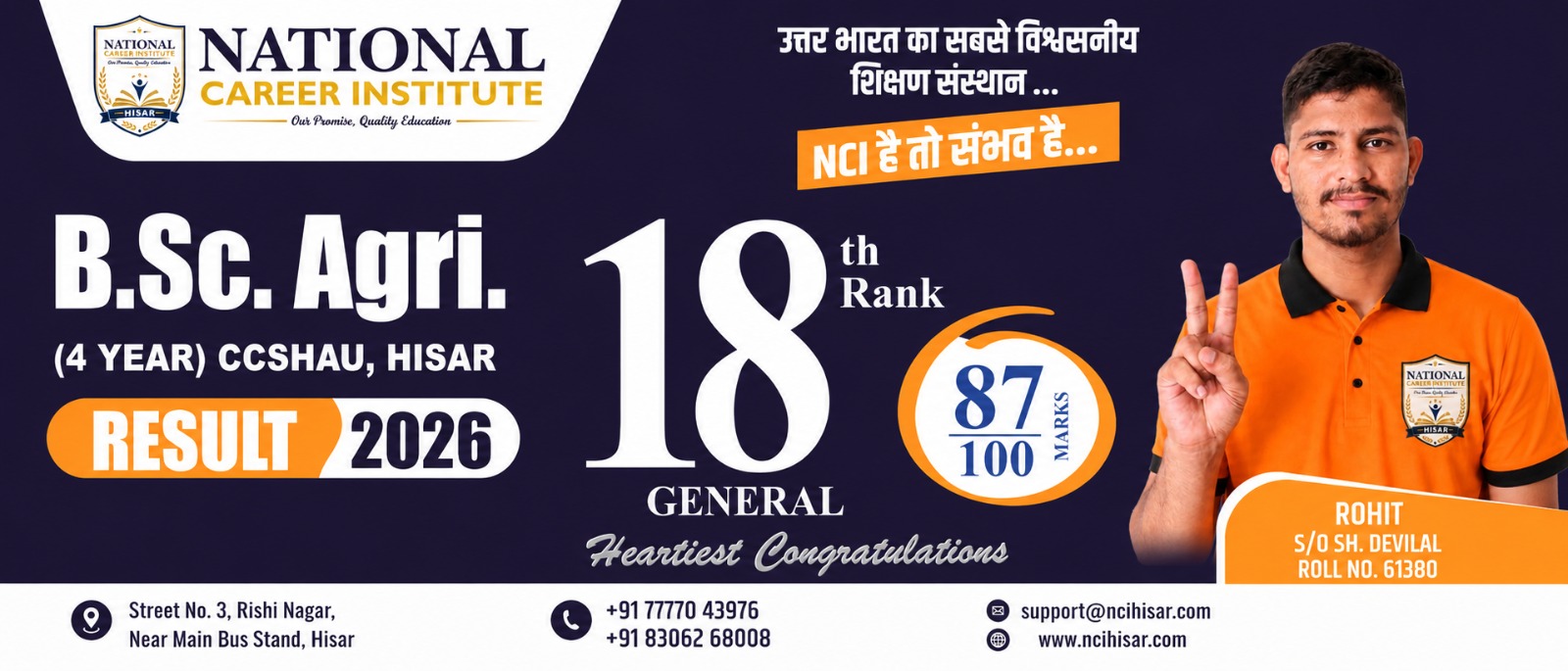 B.Sc. Agri. (4 Year) CCSHAU Hisar Result 2026 — NCI Hisar topper